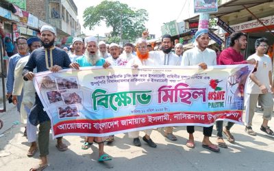 নাসিরনগরে "গাজায় উপর্যুপরি বিমান হামলা ও নৃশংস গণহত্যার প্রতিবাদে ও ইসরায়েলি পণ্য বয়কটের দাবিতে" জামায়াতের বিক্ষোভ মিছিল