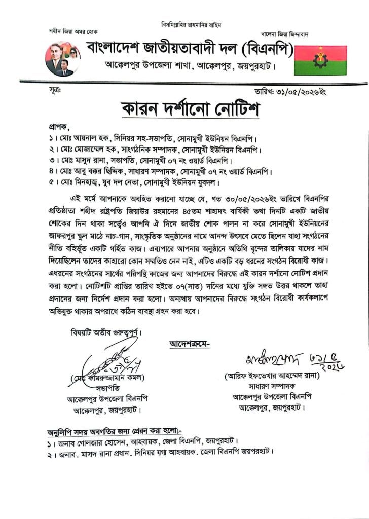 জয়পুরহাটে ২ বিএনপি নেতা বহিষ্কার, ৫ জনকে শোকজ